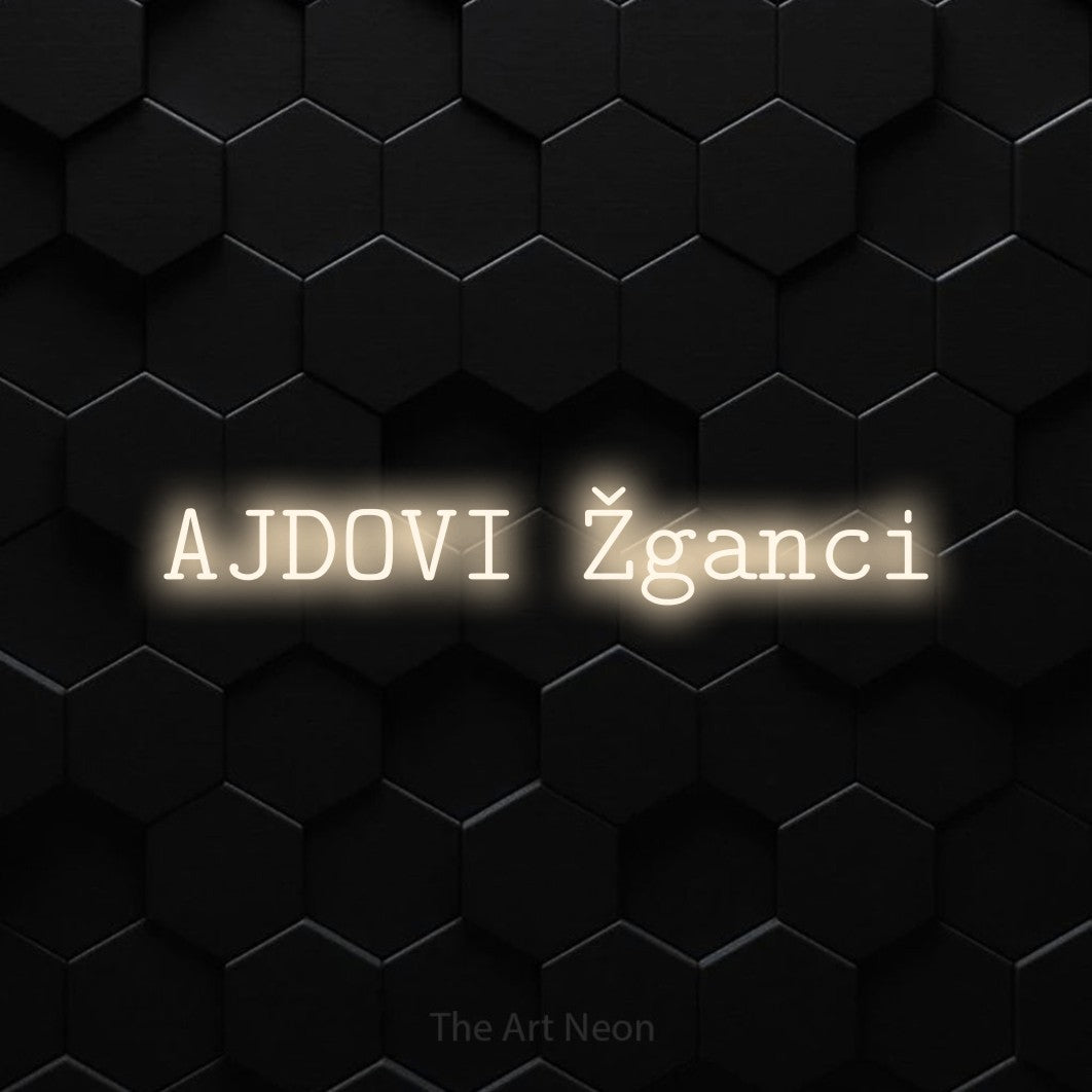 LED neon sign reading “AJDOVI Žganci”, arranged in a single line.