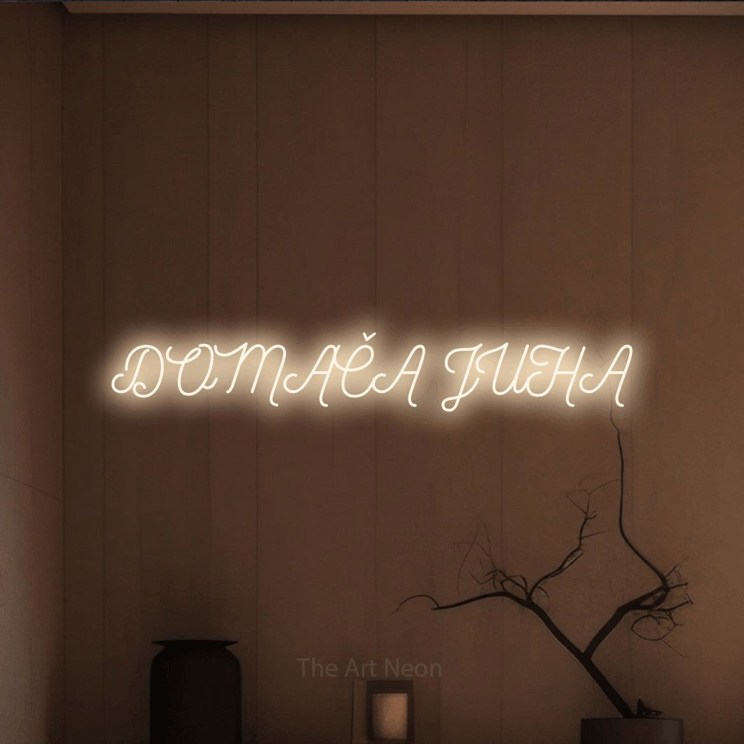 LED neon sign reading “DOMAČA JUHA”, arranged in a single line.