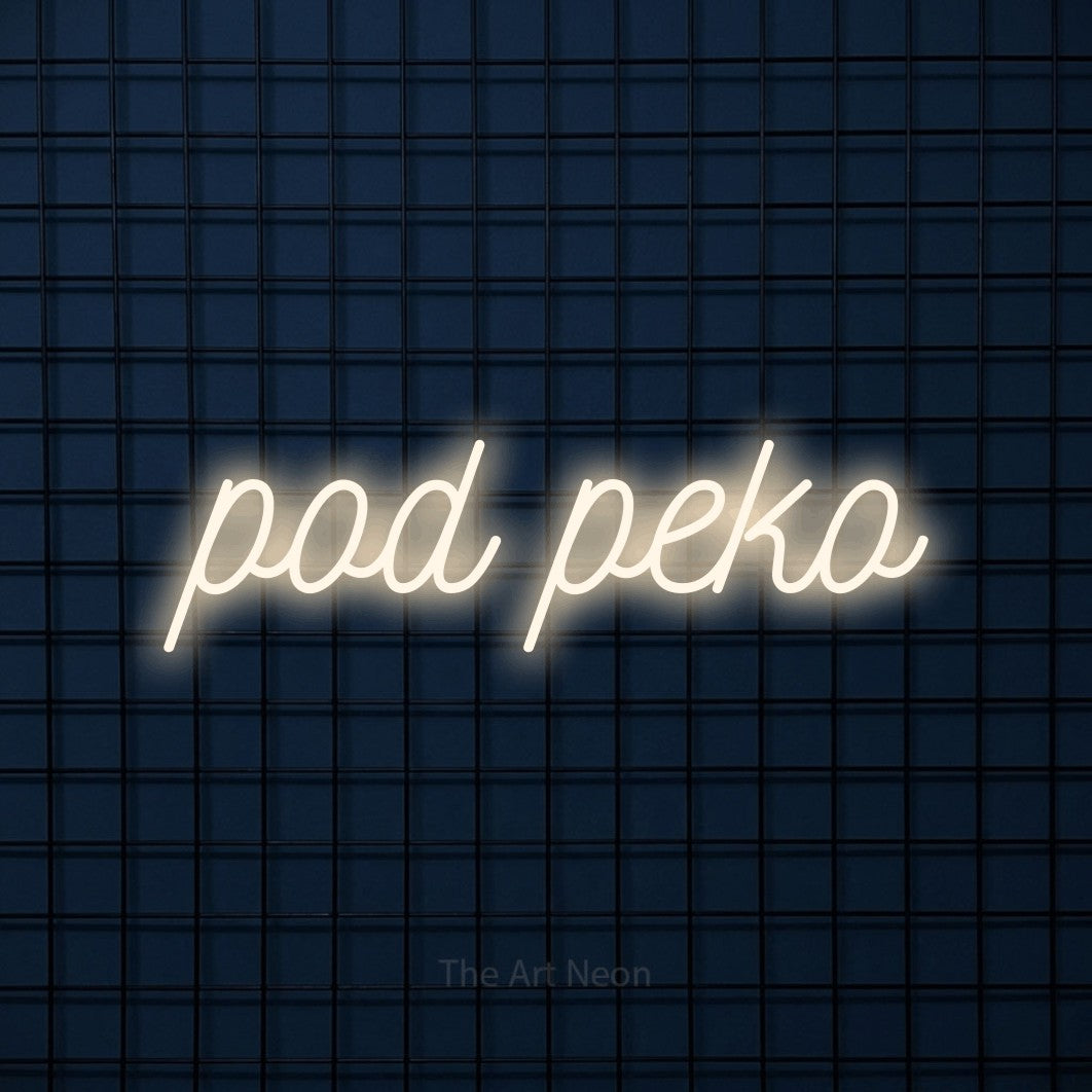 LED neon sign reading “pod peko”, arranged in a single line.