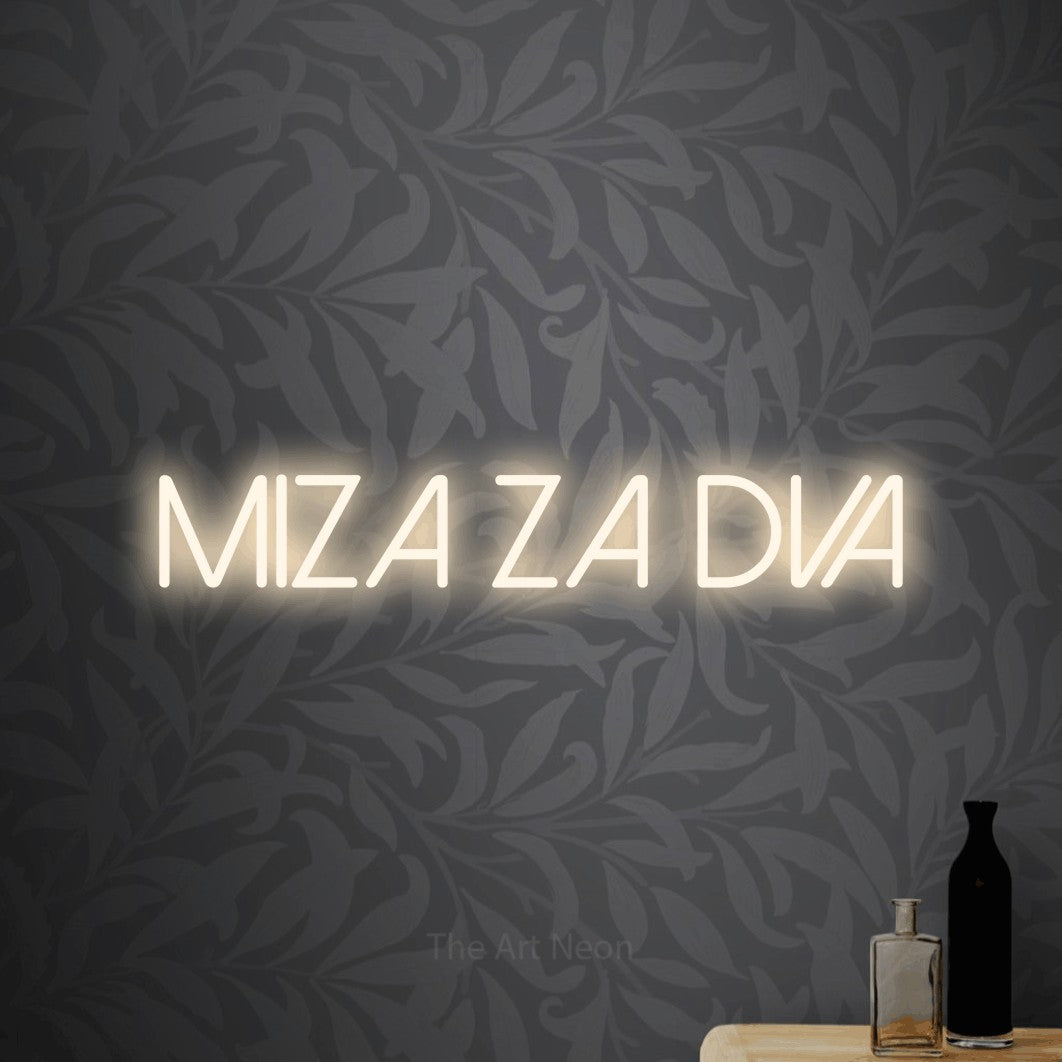 LED neon sign reading “MIZA ZA DVA”, arranged in a single line.