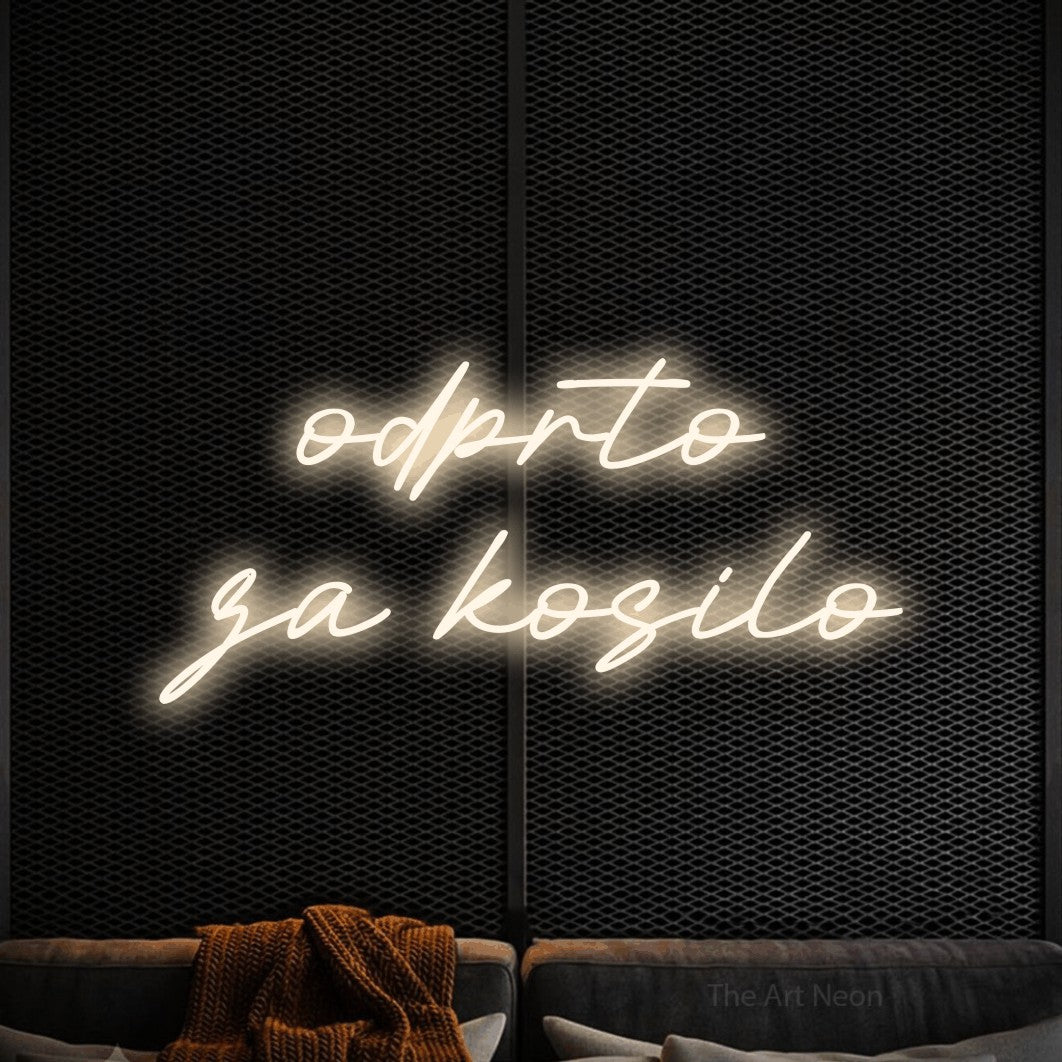 LED neon sign reading “odprto za kosilo”, arranged in two lines.
