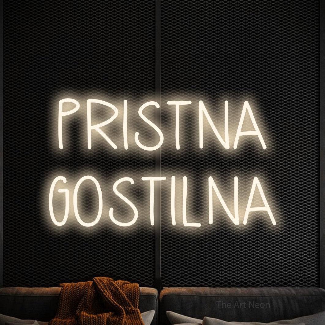 LED neon sign reading “PRISTNA GOSTILNA”, arranged in two lines.