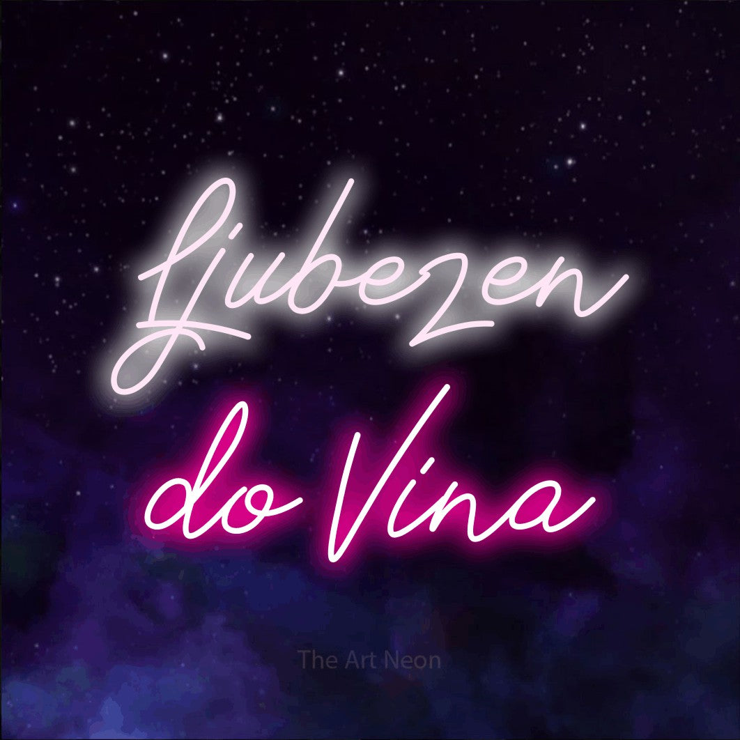 LED neon sign reading “Ljubezen do Vina”, arranged in two lines.