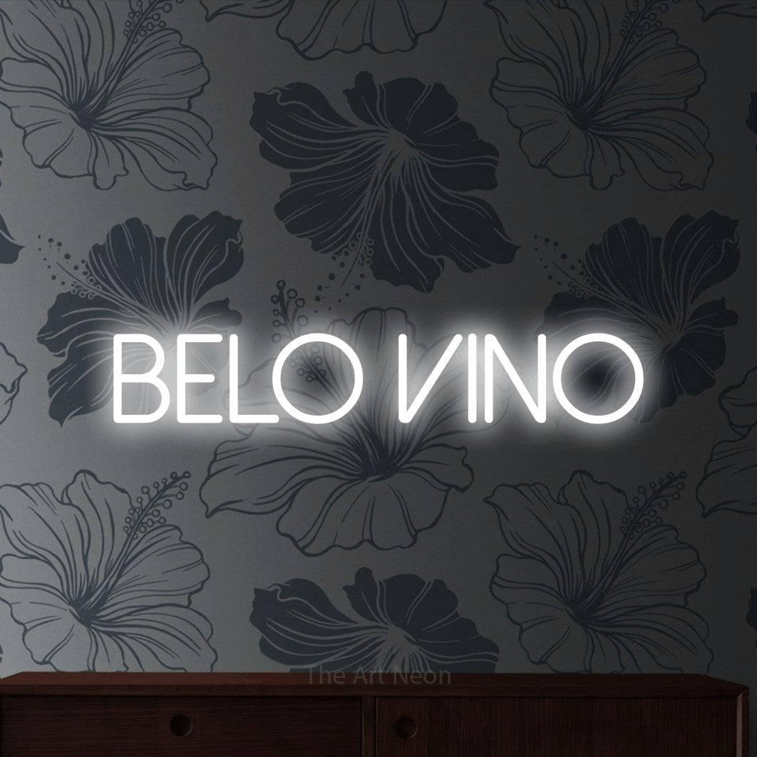 LED neon sign reading “BELO Vino”, arranged in a single line.