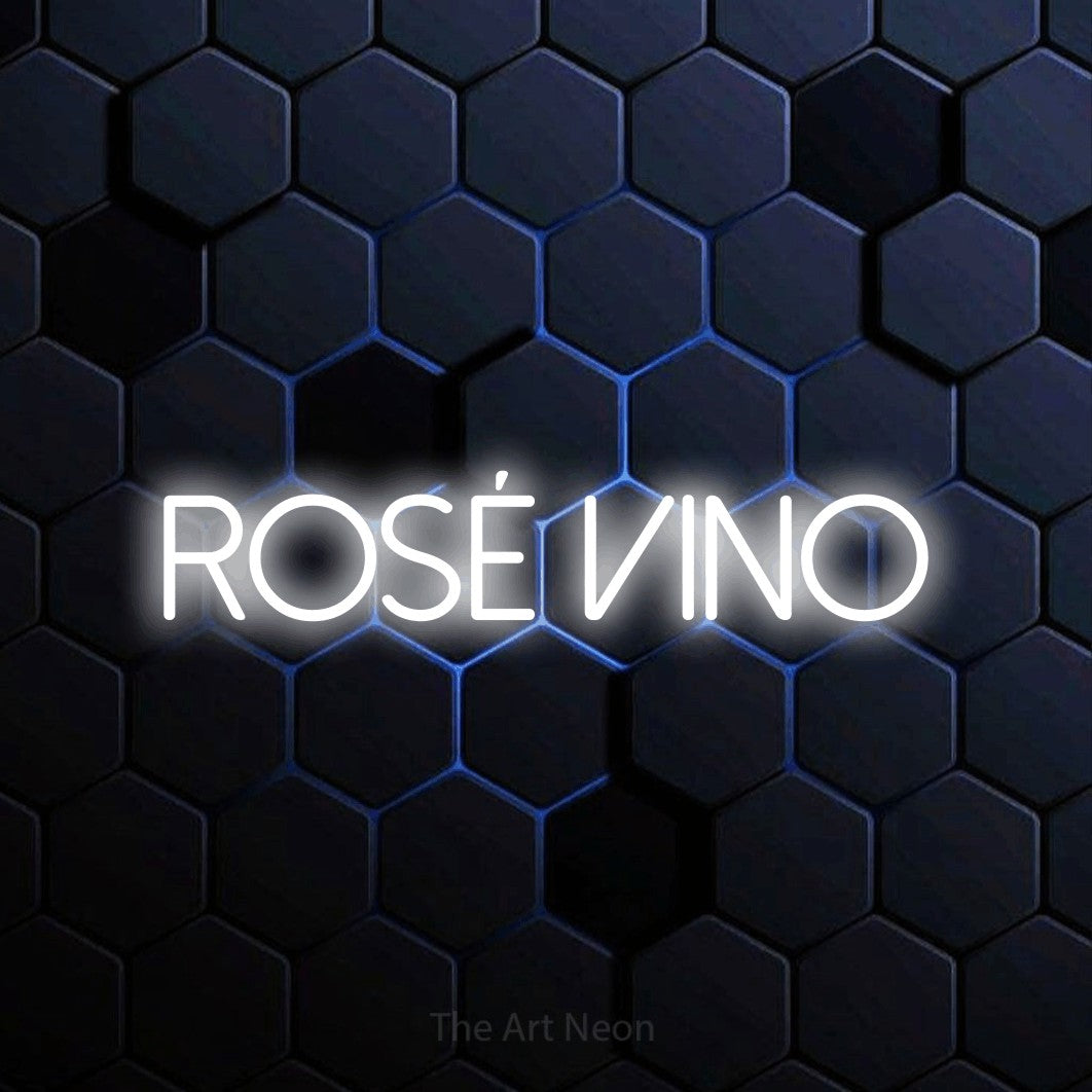 LED neon sign reading “Rosé Vino”, arranged in a single line.