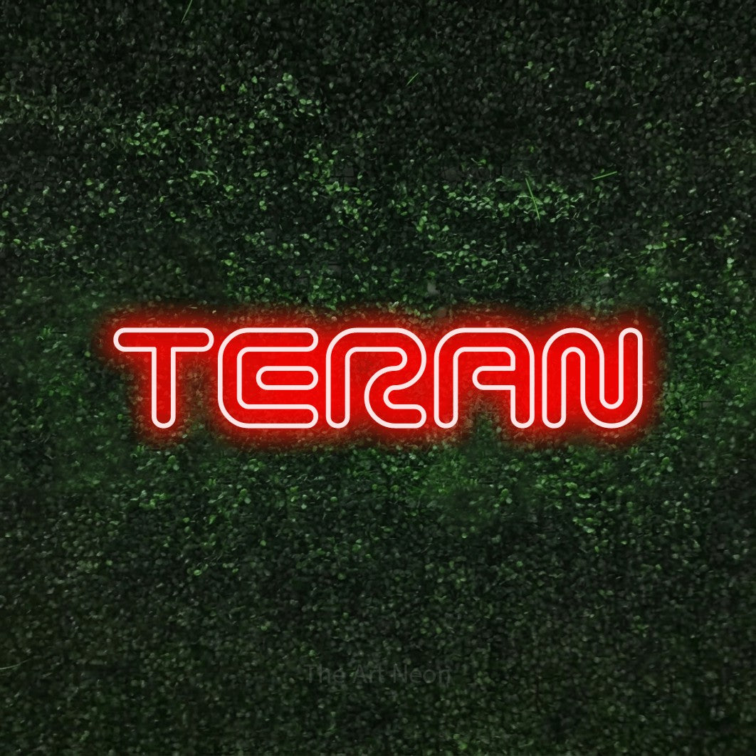 LED neon sign reading “TERAN”, arranged in a single line.