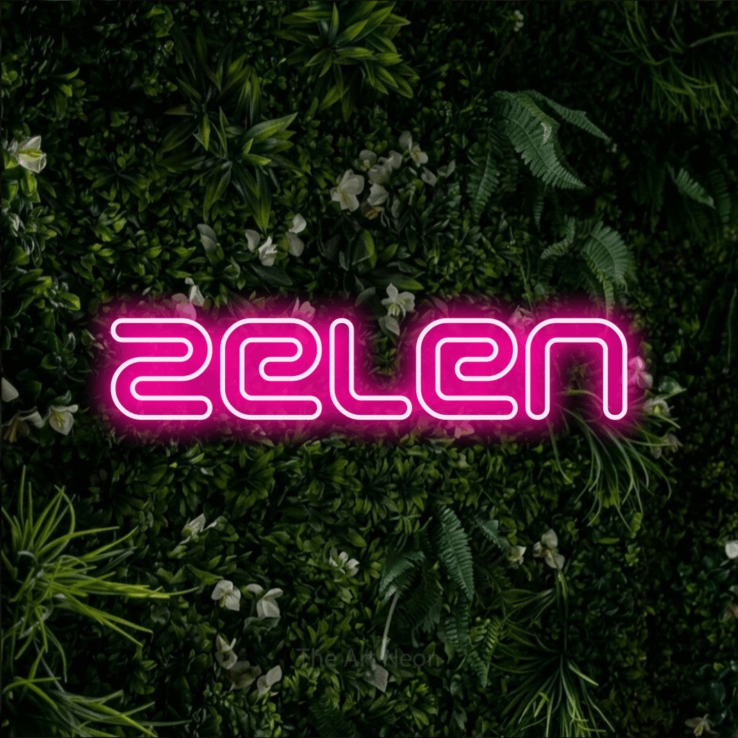 LED neon sign reading “Zelen”, arranged in a single line.