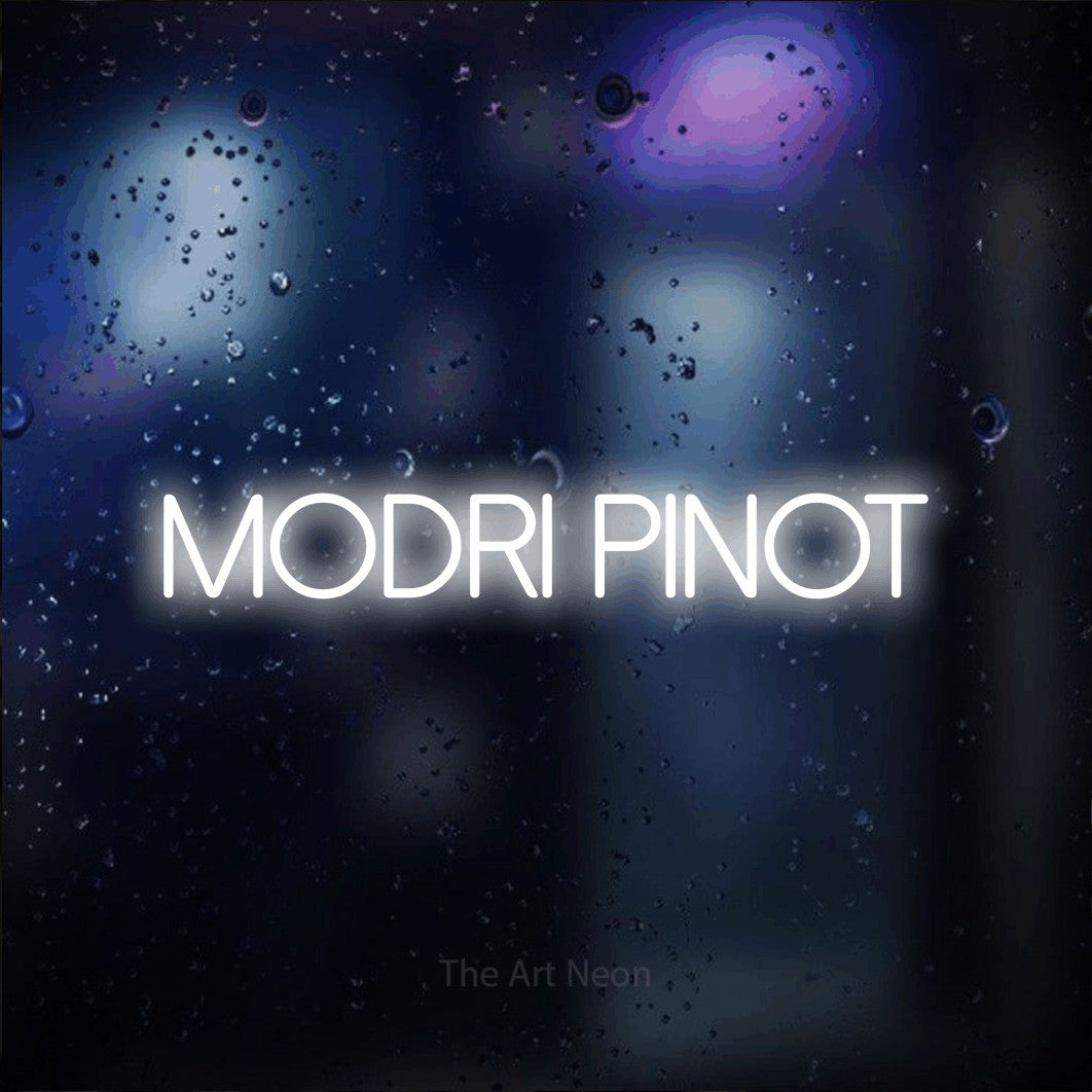 LED neon sign reading “MODRI PINOT”, arranged in a single line.