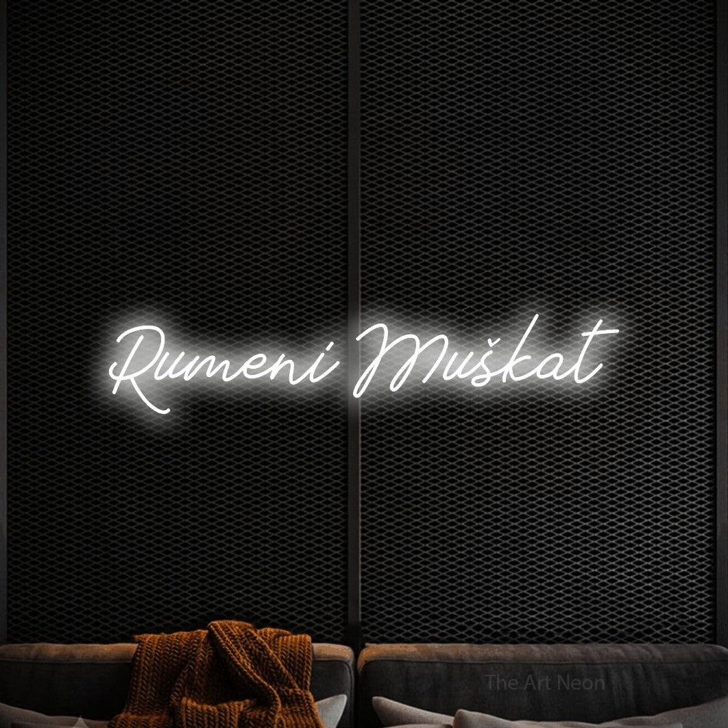 LED neon sign reading “Rumeni Muškat”, arranged in a single line.