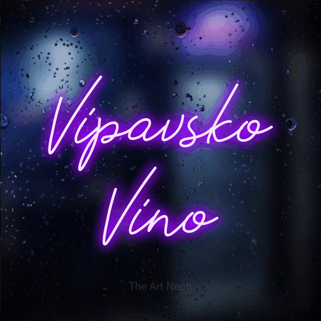 LED neon sign reading “Vipavsko Vino”, arranged in two lines.
