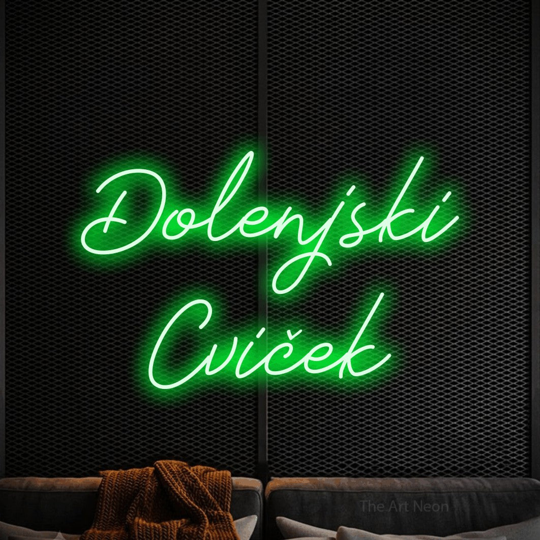 LED neon sign reading “Dolenjski Cviček”, arranged in two lines.