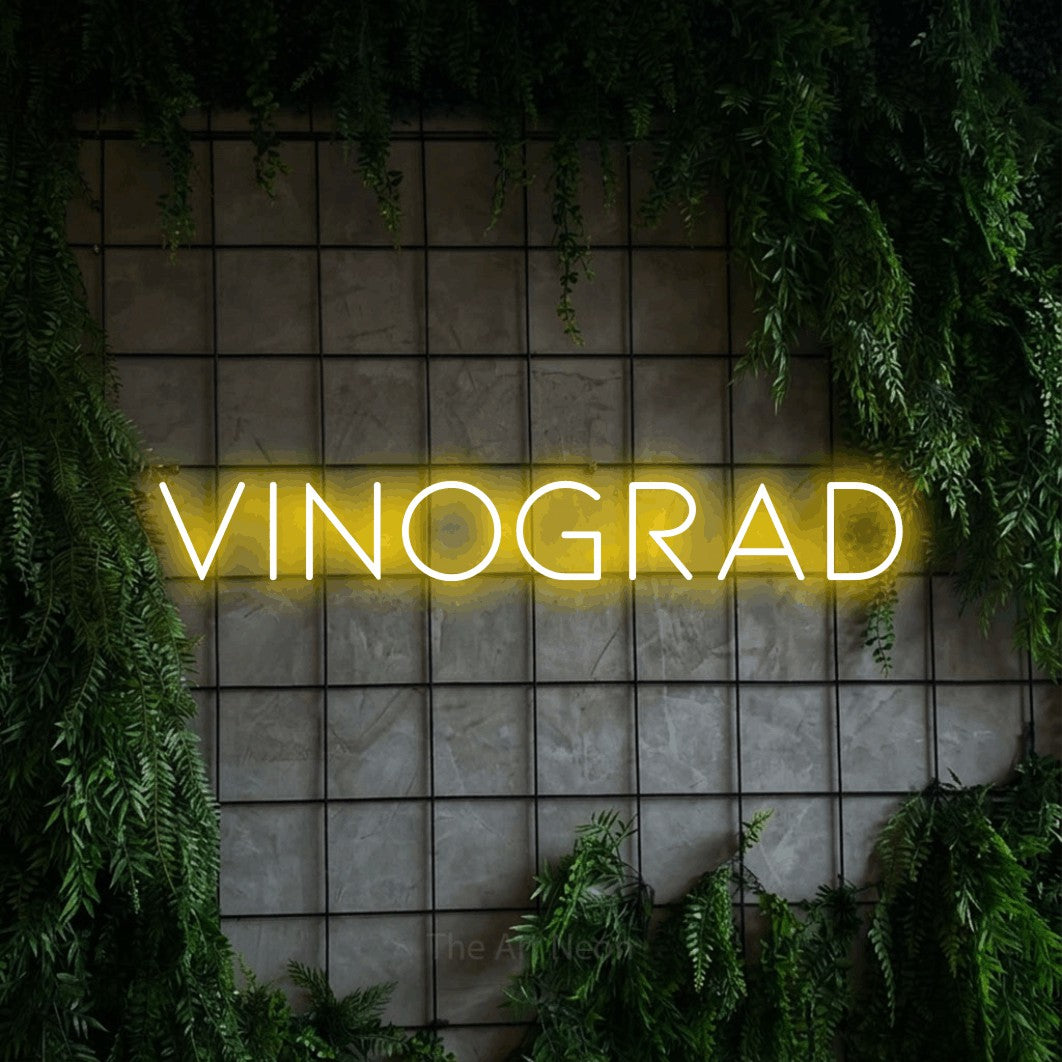 LED neon sign reading “Vinograd”, arranged in a single line.