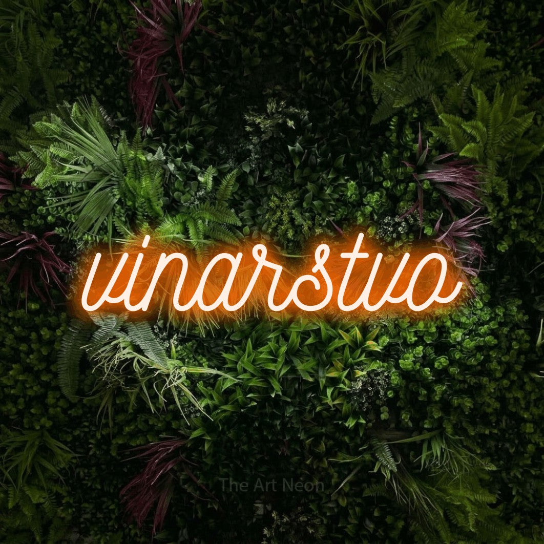 LED neon sign reading “vinarstvo”, arranged in a single line.