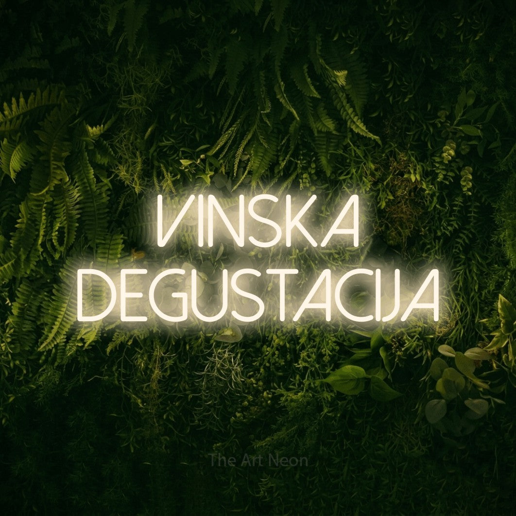 LED neon sign reading “vinska degustacija”, arranged in two lines.