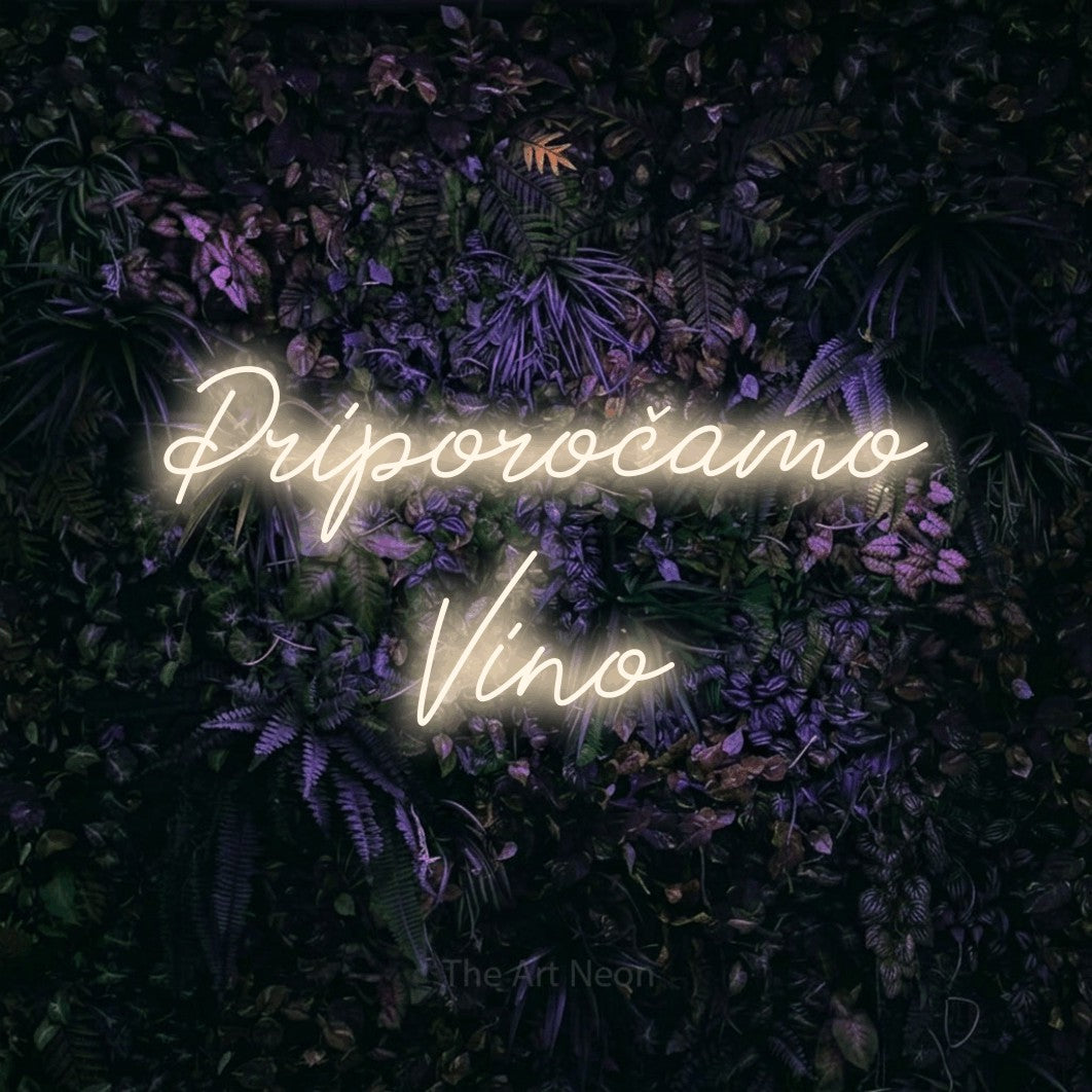 LED neon sign reading “Priporočamo Vino”, arranged in two lines.