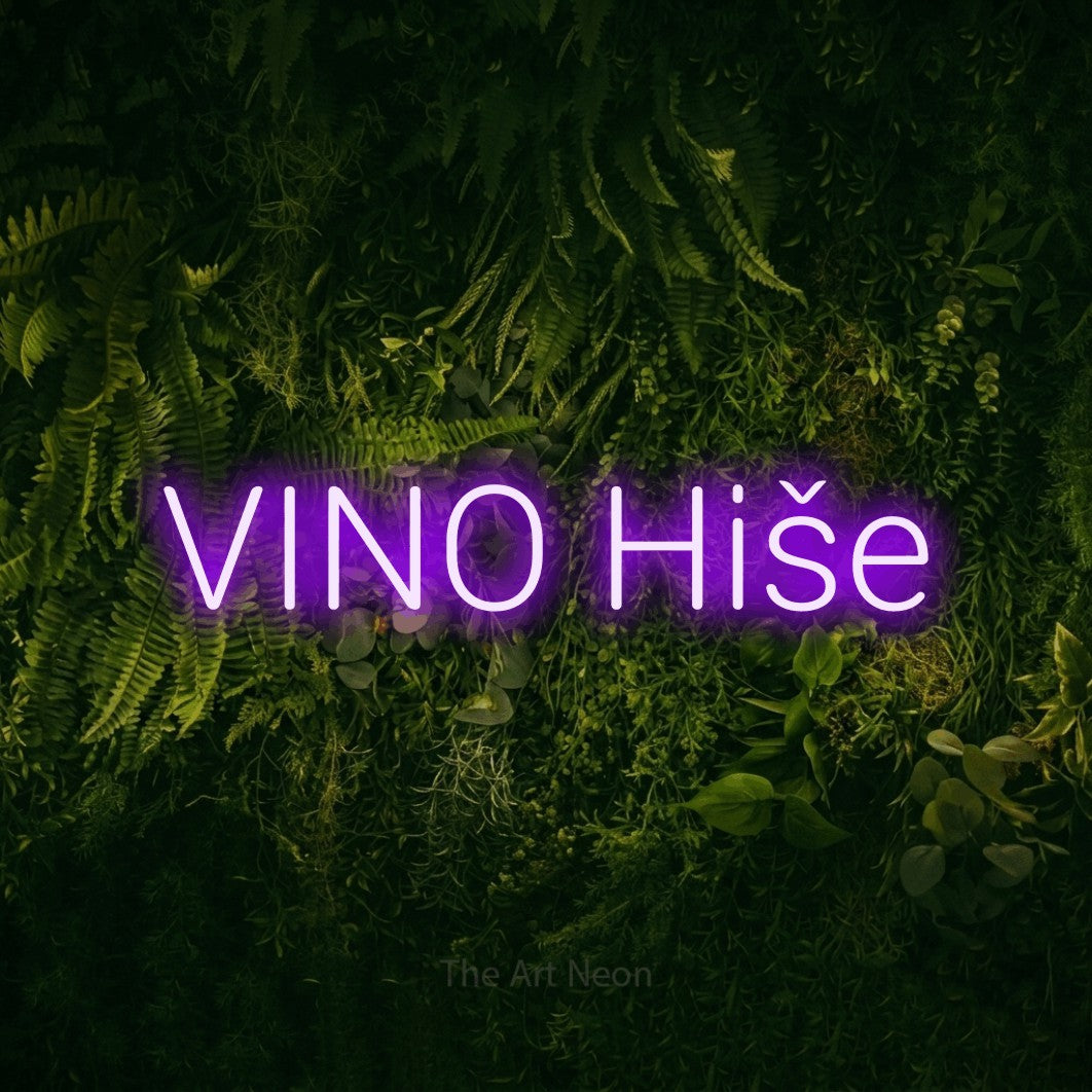 LED neon sign reading “VINO Hiše”, arranged in a single line.