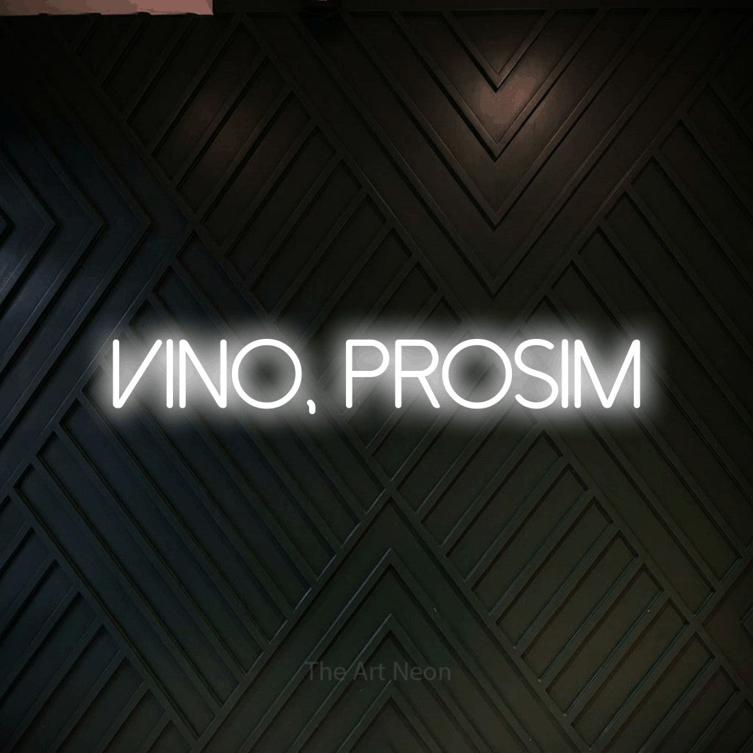 LED neon sign reading “Vino, Prosim”, arranged in a single line.