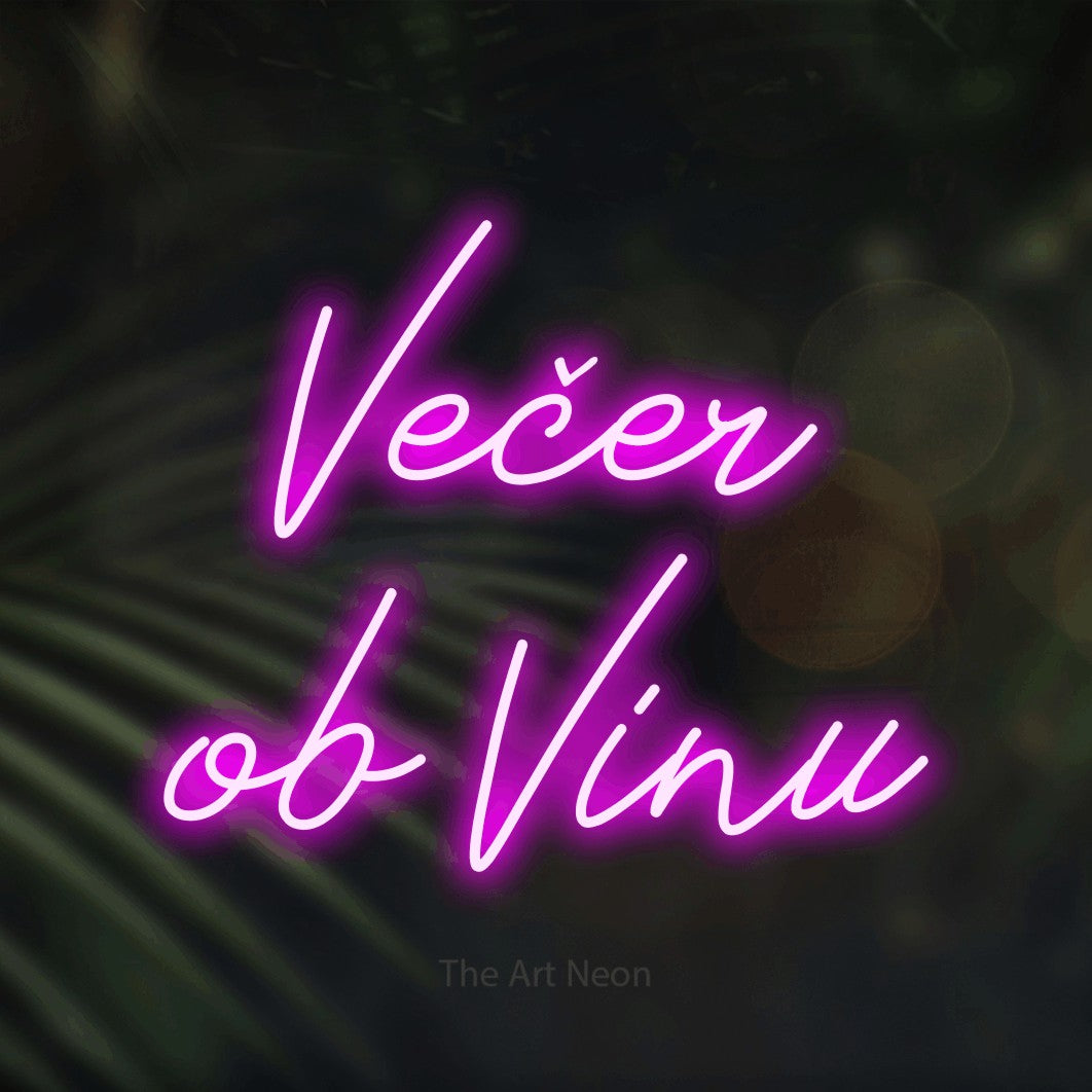 LED neon sign reading “Večer ob Vinu”, arranged in two lines.