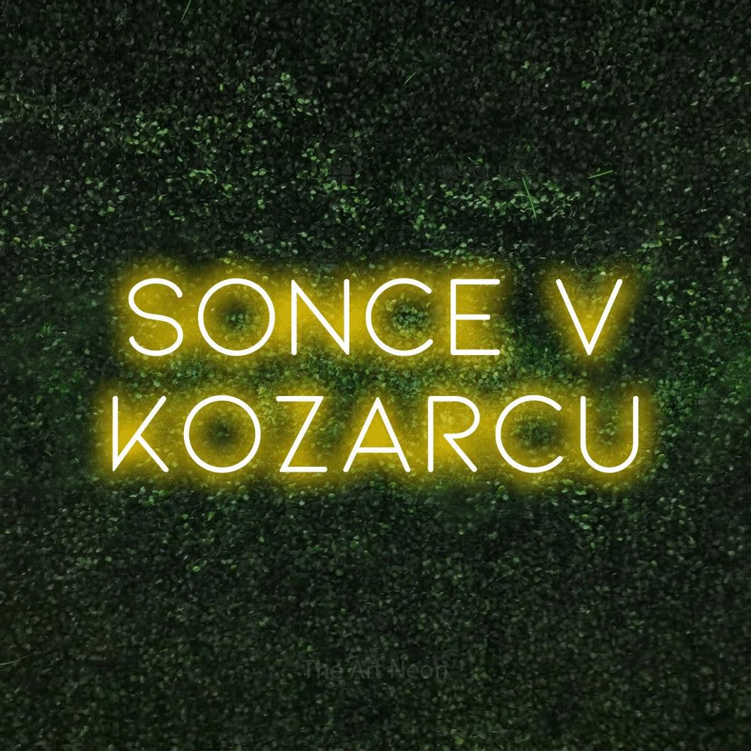 LED neon sign reading “Sonce v kozarcu”, arranged in two lines.