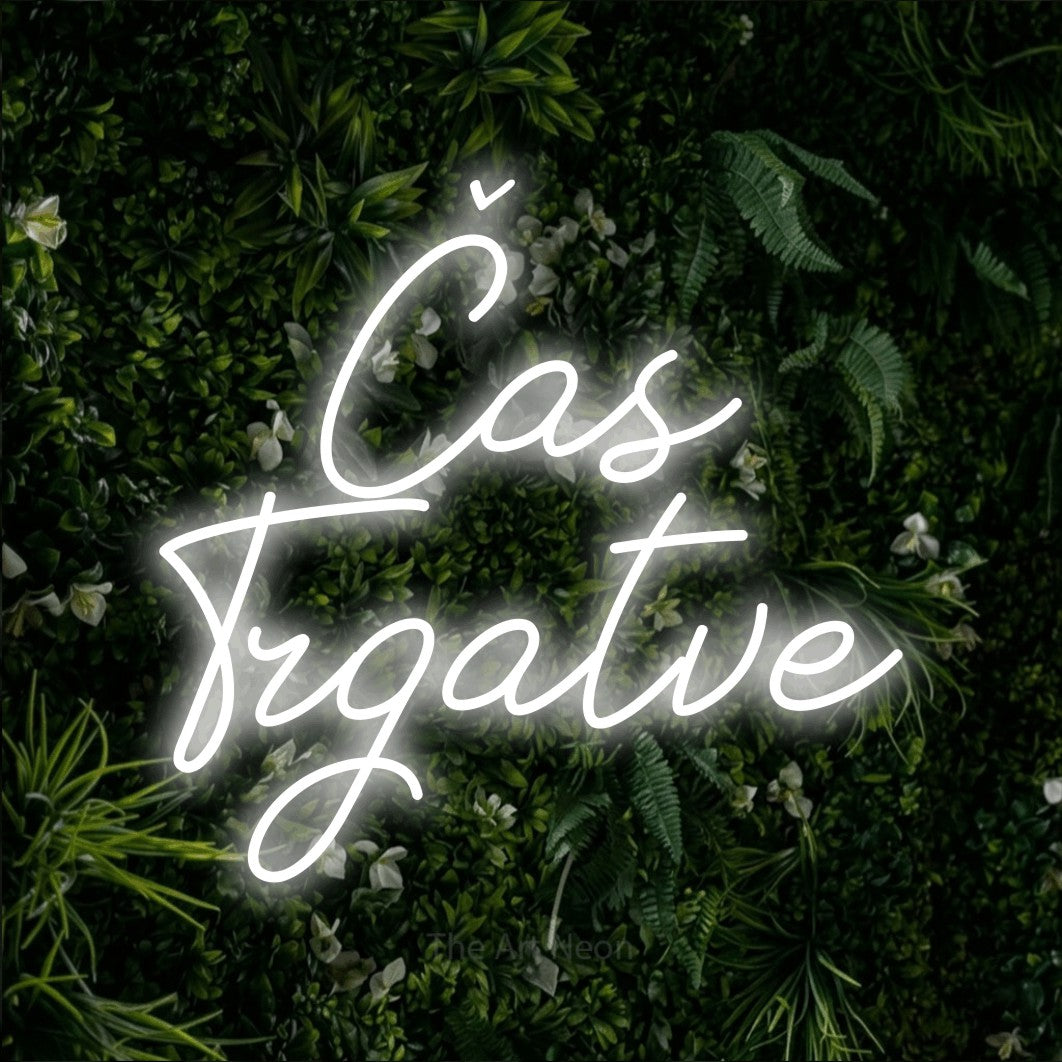 LED neon sign reading “Čas Trgatve”, arranged in two lines.