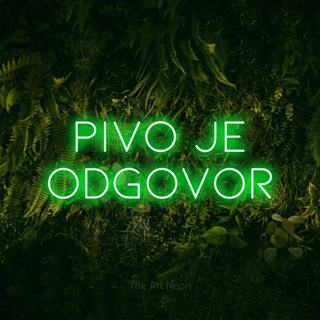 LED neon sign reading “Pivo je ODGOVOR”, arranged in two lines.