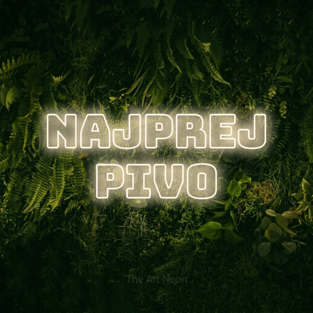 LED neon sign reading “Najprej pivo”, arranged in two lines.