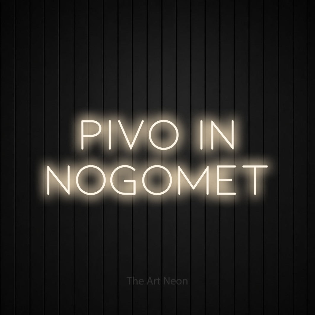 LED neon sign reading “Pivo in Nogomet”, arranged in two lines.
