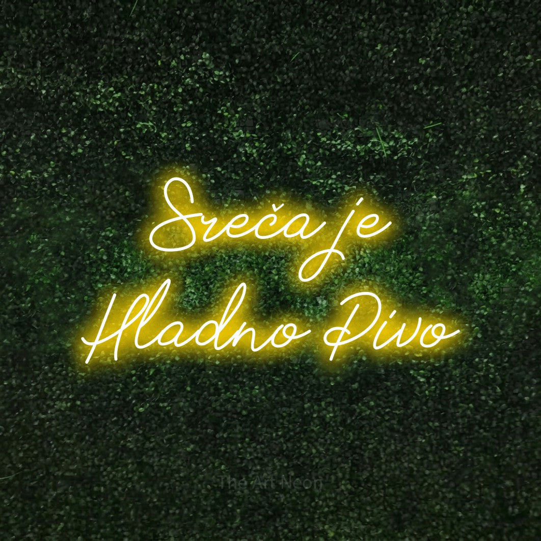 LED neon sign reading “Sreča je Hladno Pivo”, arranged in two lines.