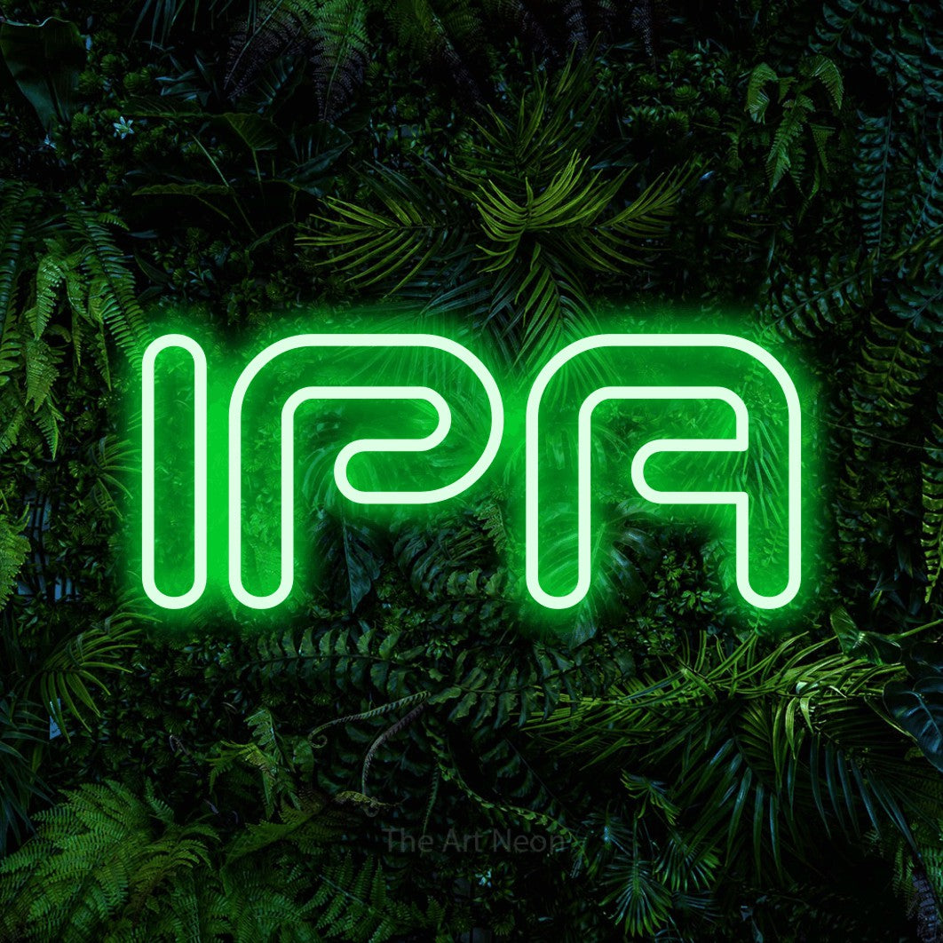 LED neon sign reading “IPA”, arranged in a single line.