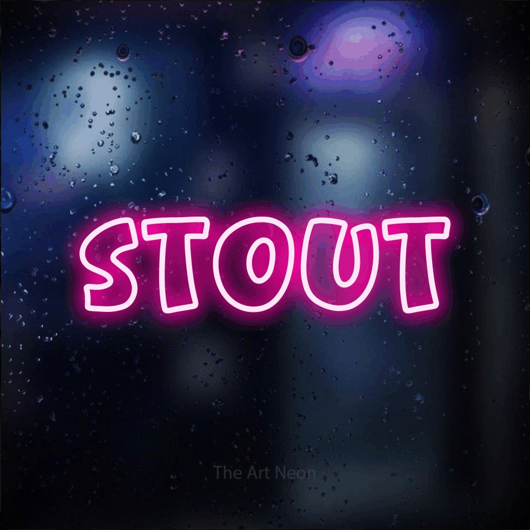 LED neon sign reading “Stout”, arranged in a single line.
