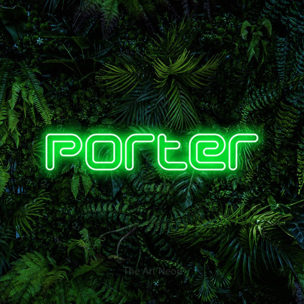 LED neon sign reading “porter”, arranged in a single line.