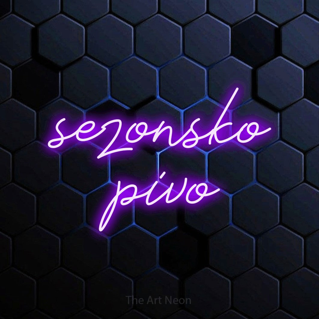 LED neon sign reading “sezonsko pivo”, arranged in two lines.
