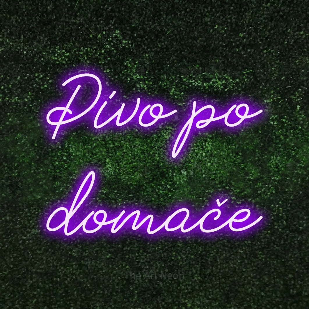 LED neon sign reading “Pivo po domače”, arranged in two lines.