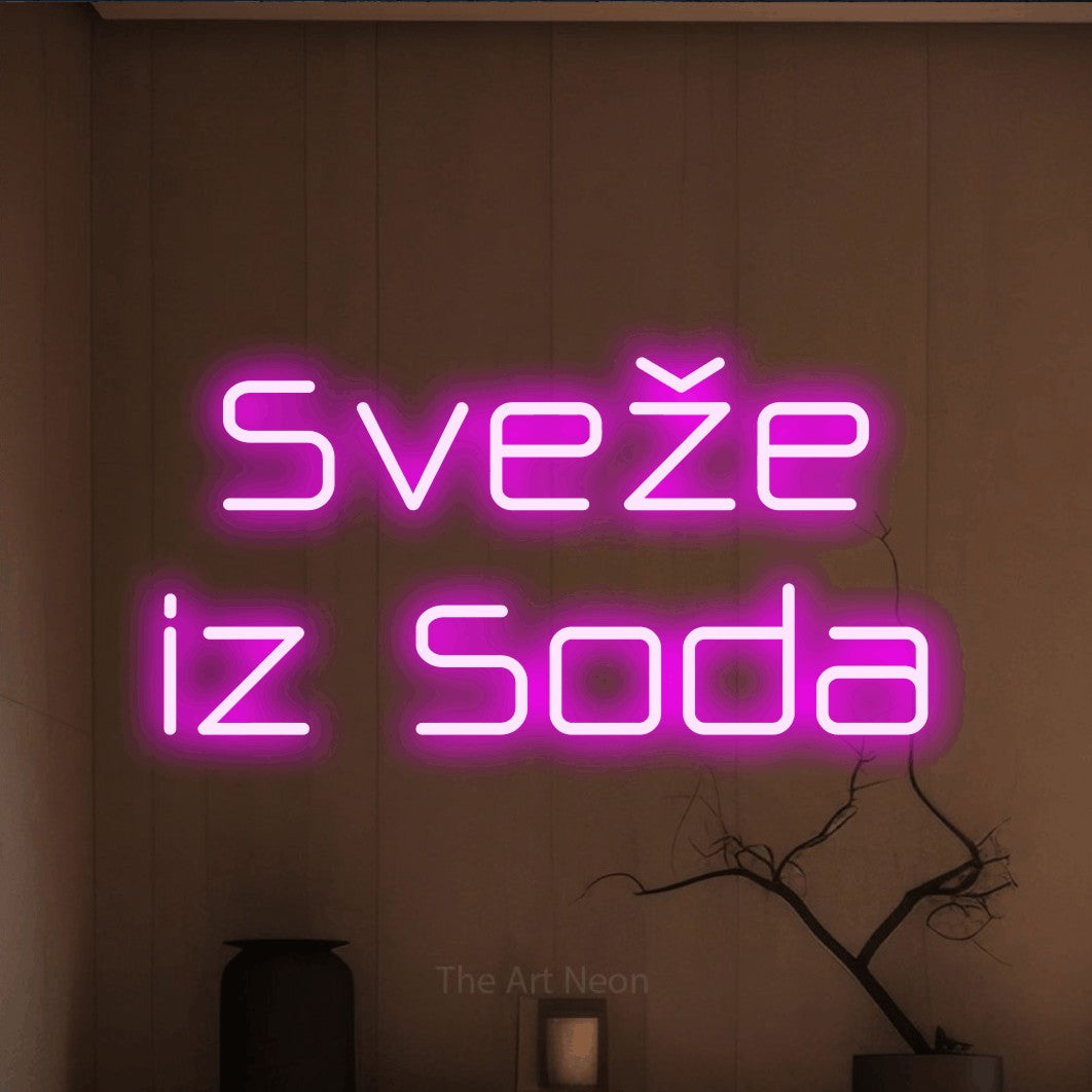 LED neon sign reading “Sveže iz Soda”, arranged in two lines.