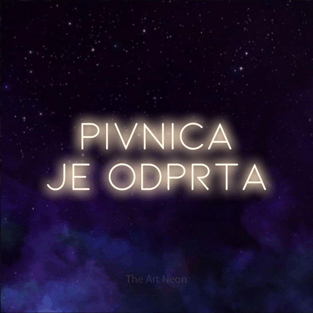 LED neon sign reading “PIVNICA JE ODPRTA”, arranged in two lines.
