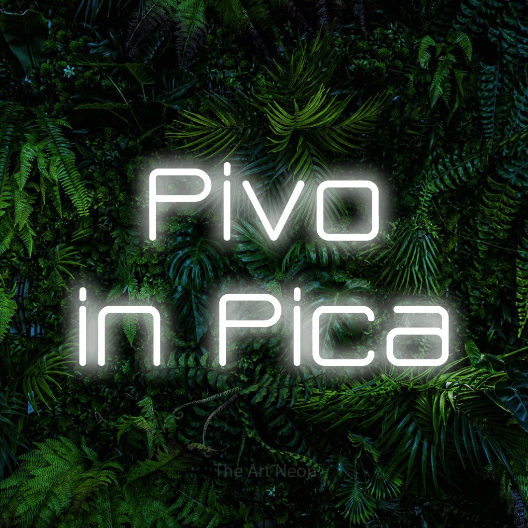 LED neon sign reading “Pivo in Pica”, arranged in two lines.