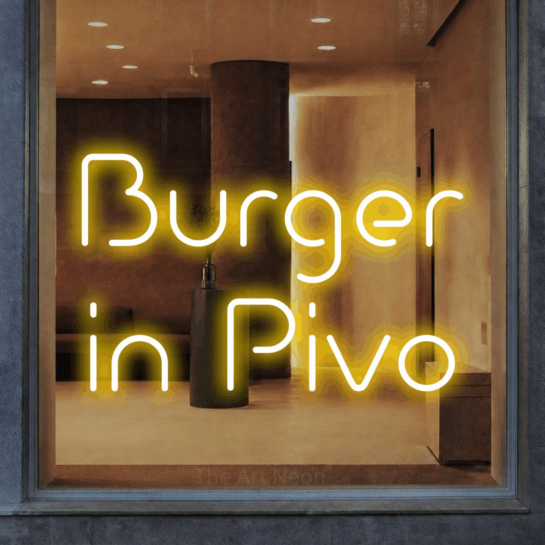 LED neon sign reading “Burger in Pivo”, arranged in two lines.