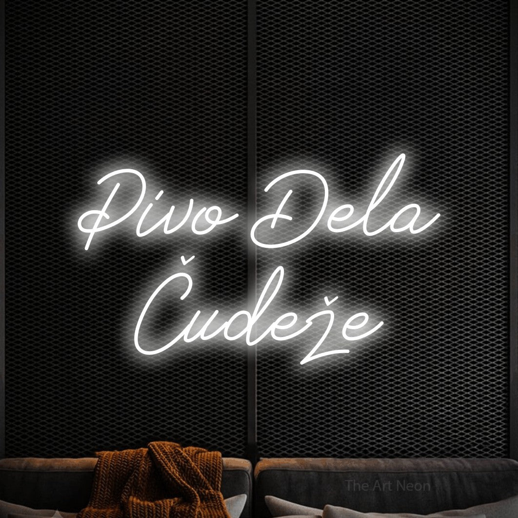 LED neon sign reading “Pivo Dela Čudeže”, arranged in two lines.