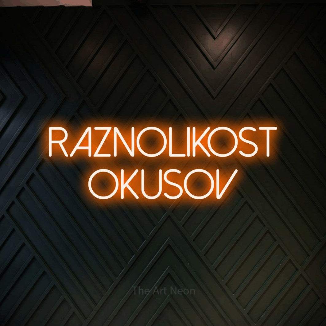 LED neon sign reading “Raznolikost Okusov”, arranged in two lines.