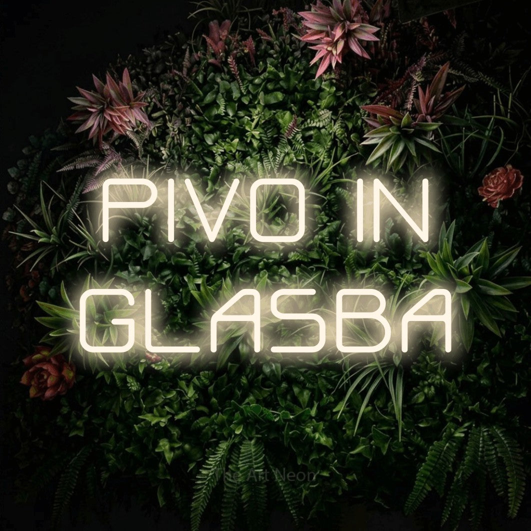 LED neon sign reading “PIVO IN GLASBA”, arranged in two lines.