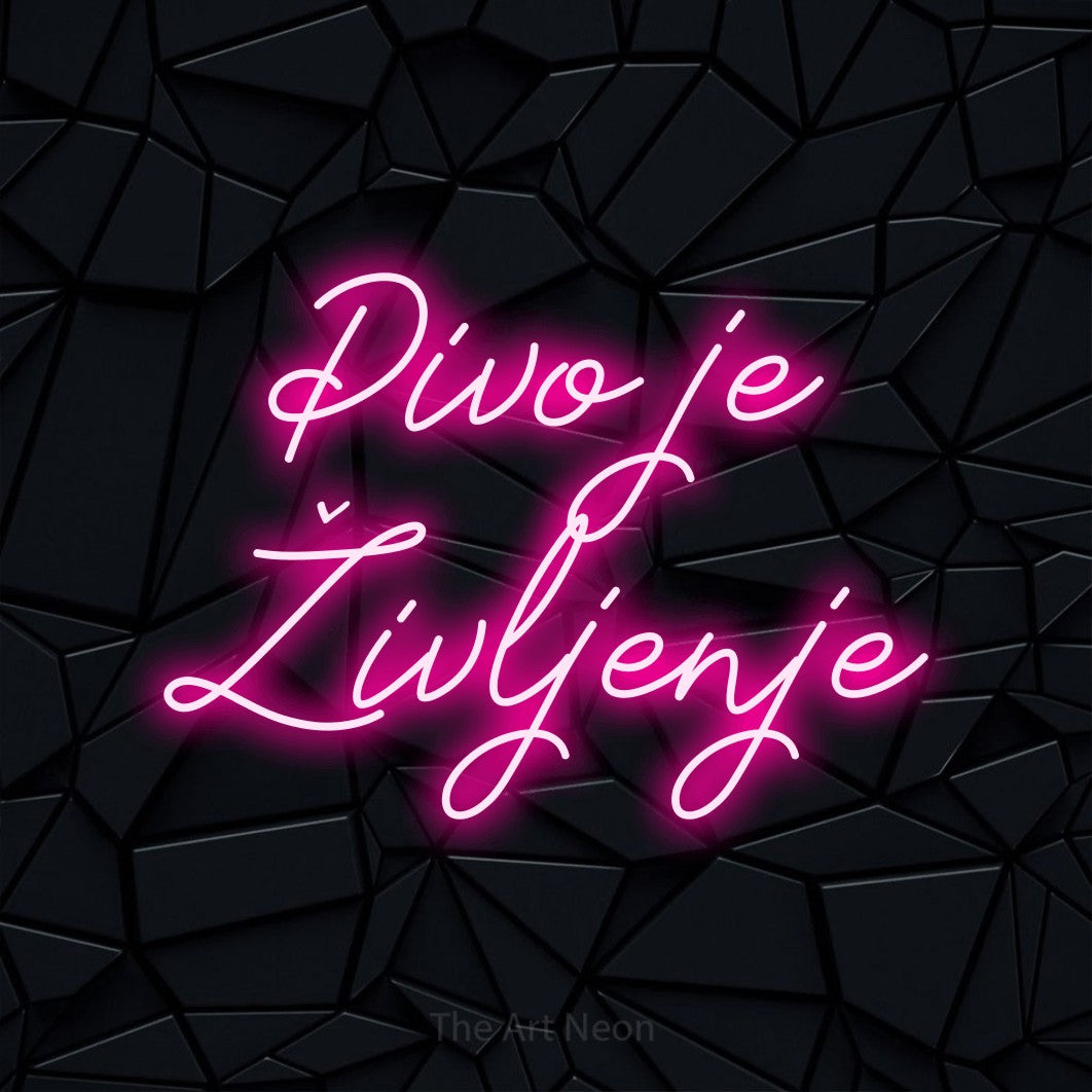 LED neon sign reading “Pivo je Življenje”, arranged in two lines.