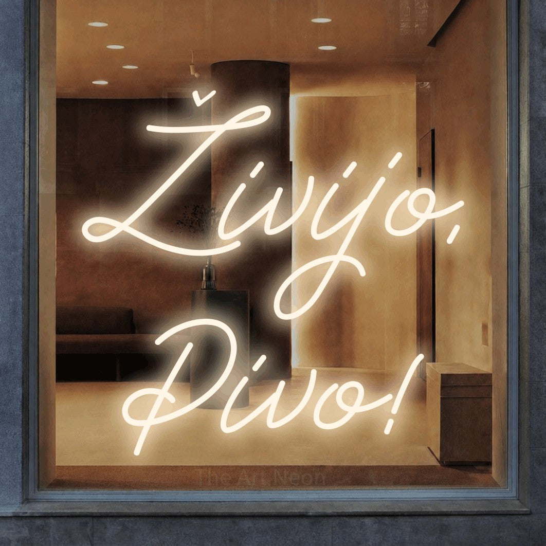 LED neon sign reading “Živijo, Pivo!”, arranged in two lines.