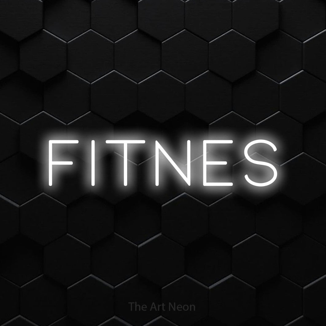 LED neon sign reading “FITNES”, arranged in a single line.