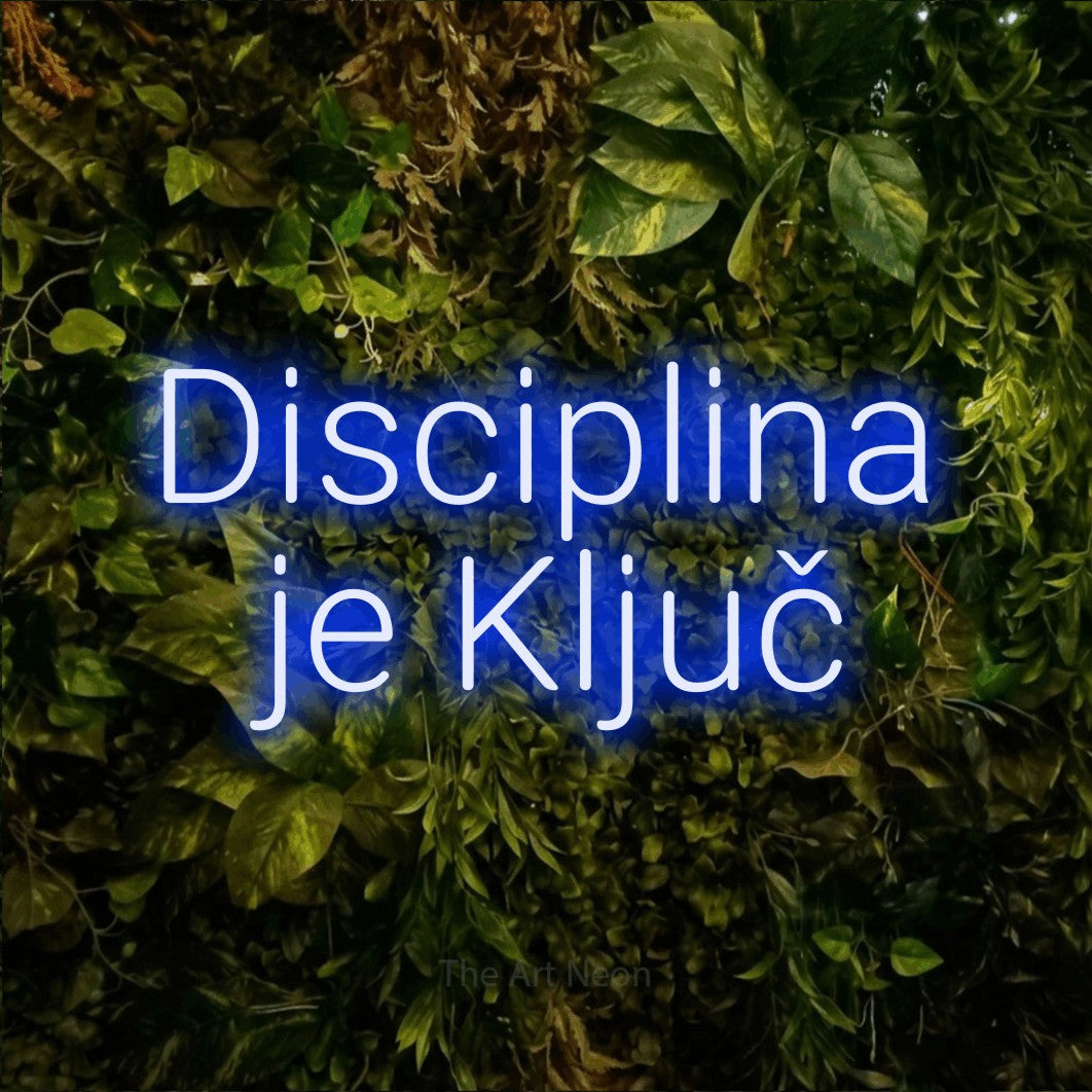 LED neon sign reading “Disciplina je Ključ”, arranged in two lines.