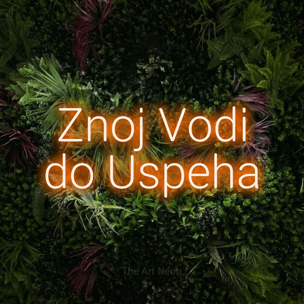 LED neon sign reading “Znoj Vodi do Uspeha”, arranged in two lines.