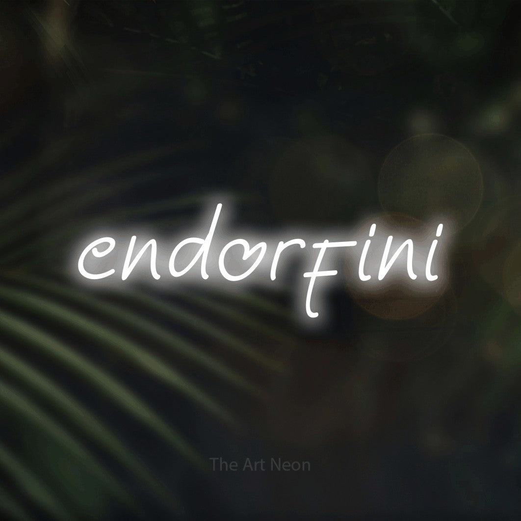 LED neon sign reading “endorfini”, arranged in a single line.