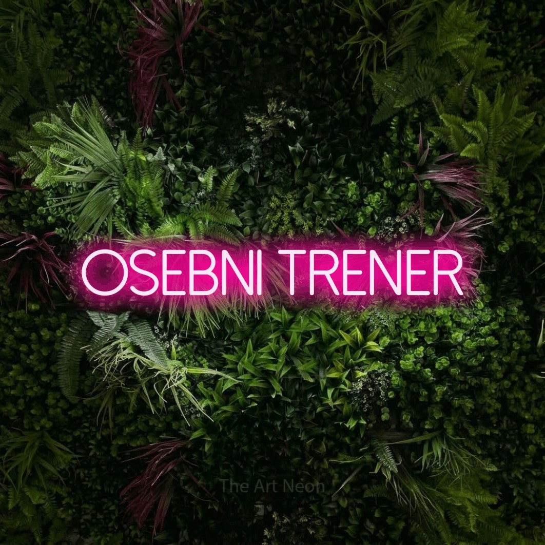 LED neon sign reading “osebni trener”, arranged in a single line.