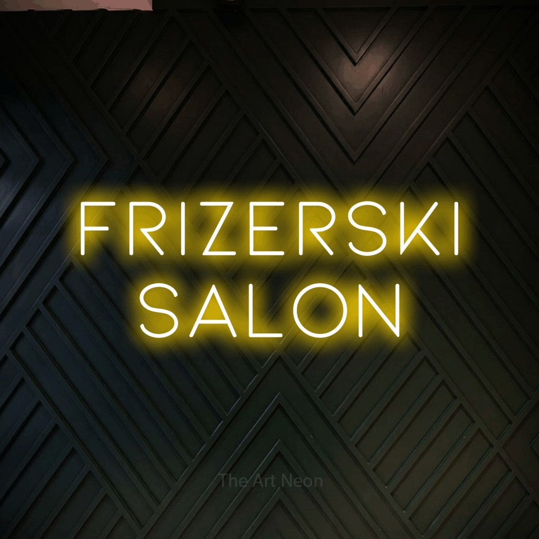 LED neon sign reading “Frizerski salon”, arranged in two lines.