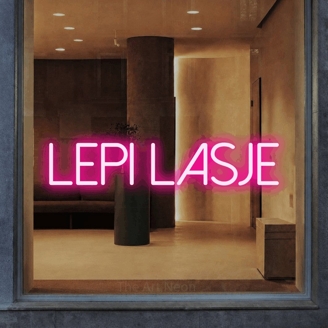 LED neon sign reading “Lepi Lasje”, arranged in a single line.