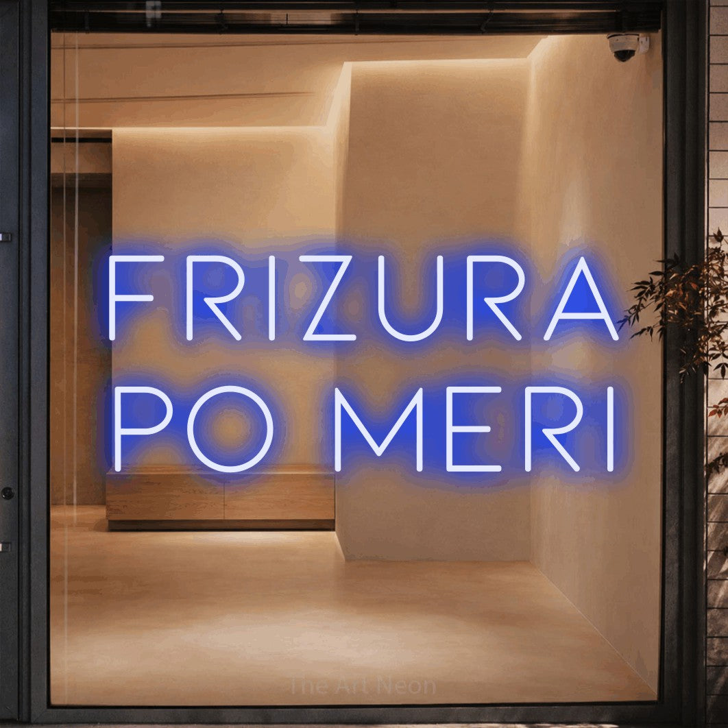 LED neon sign reading “Frizura po Meri”, arranged in two lines.